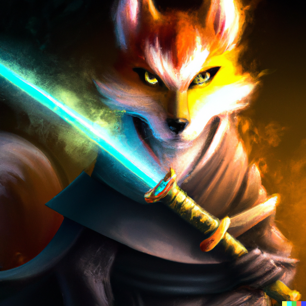 DALL·E 2022-08-28 13.41.59 - digital art of a asian samurai fox with a glowing sword